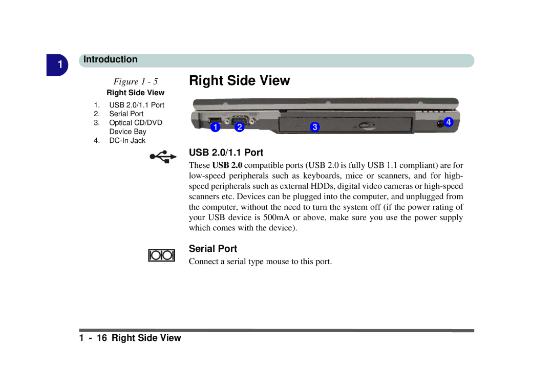 Phoenix Gold pmn manual Right Side View, USB 2.0/1.1 Port, Serial Port 