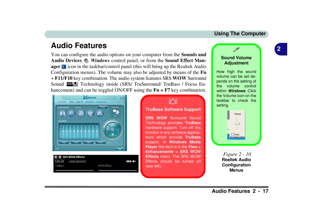 Phoenix Gold pmn manual Audio Features, TruBass Software Support, Realtek Audio Configuration Menus 