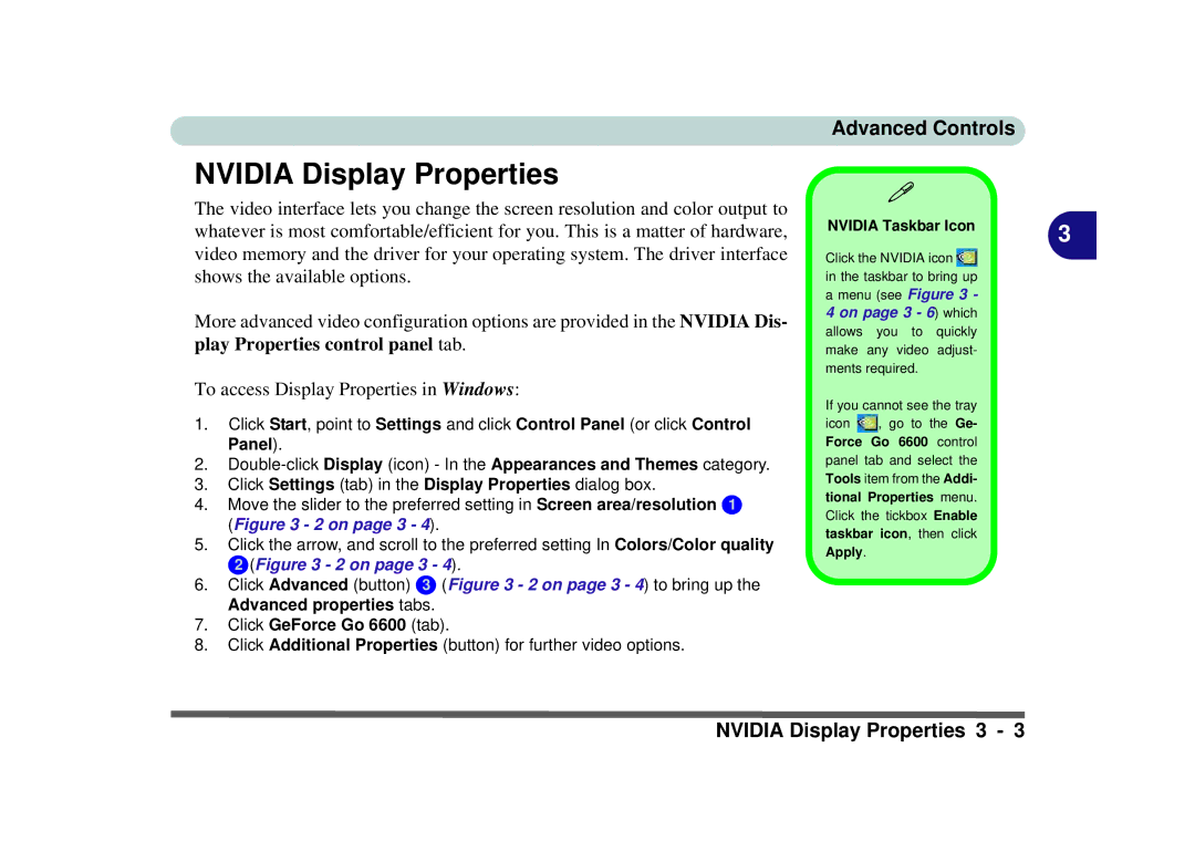 Phoenix Gold pmn manual Nvidia Display Properties, Click GeForce Go 6600 tab, Nvidia Taskbar Icon 