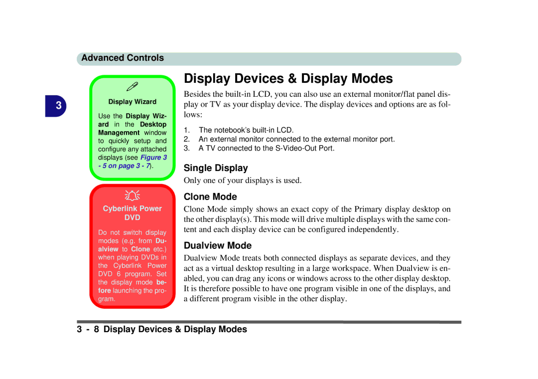 Phoenix Gold pmn manual Display Devices & Display Modes, Single Display, Clone Mode, Dualview Mode, Cyberlink Power 