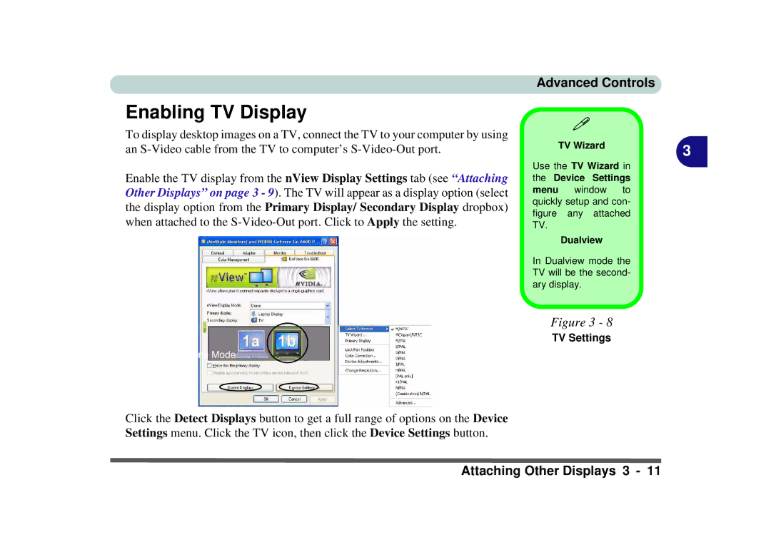 Phoenix Gold pmn manual Enabling TV Display, TV Settings, TV Wizard, Device Settings, Dualview 