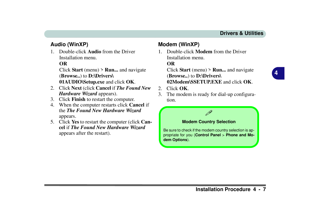 Phoenix Gold pmn manual Audio WinXP, Modem WinXP, Modem Country Selection 