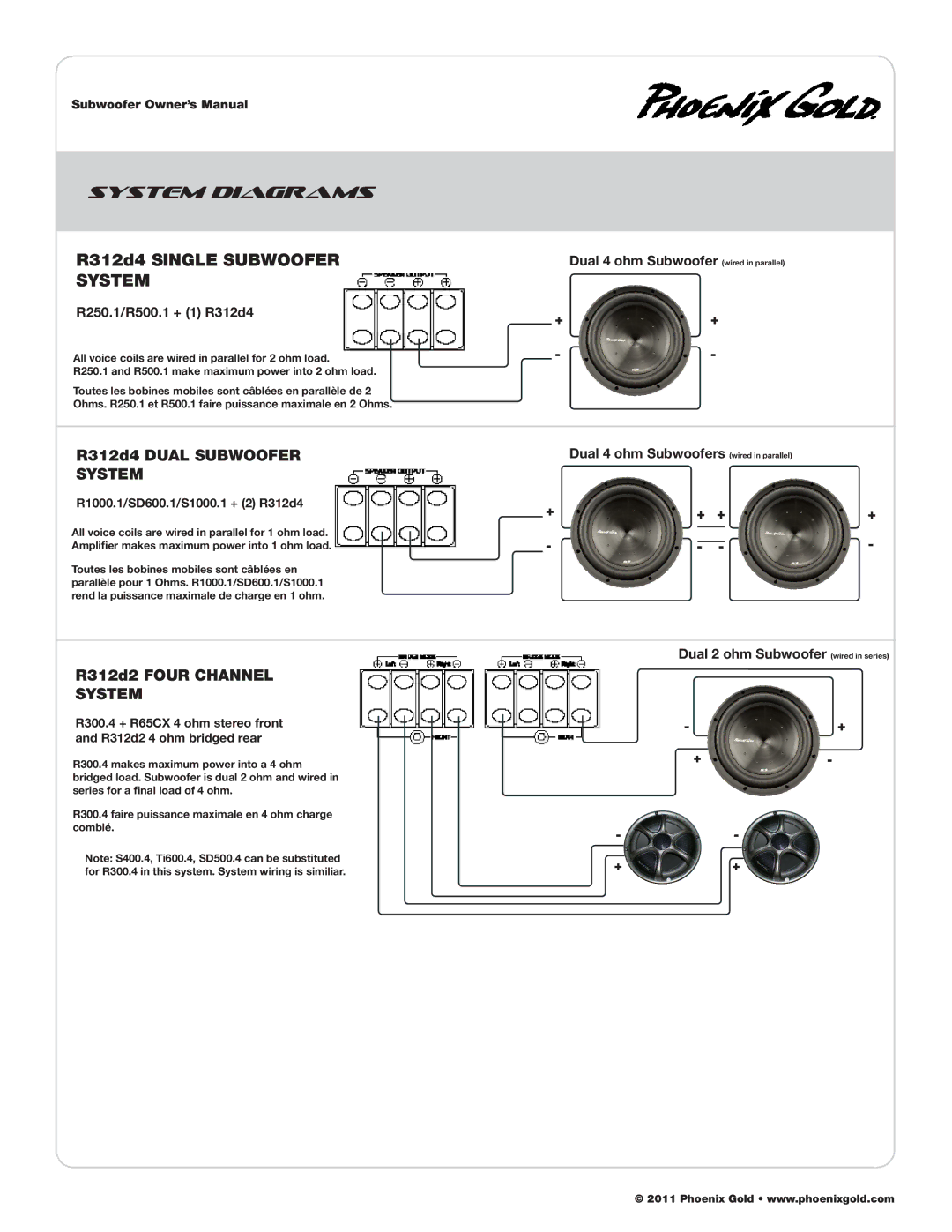 Phoenix Gold R310D2, R312D2, R312D4 R312d4 Dual Subwoofer System, R312d2 Four Channel, R1000.1/SD600.1/S1000.1 + 2 R312d4 