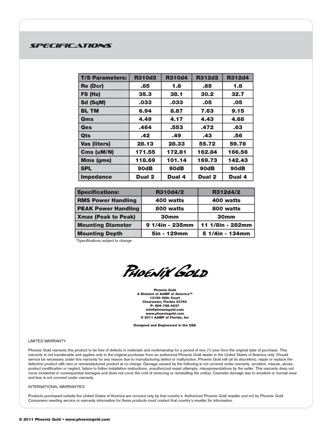 Phoenix Gold R312D2, R312D4, R310D4, R310D2 manual Specifications, Bl Tm 