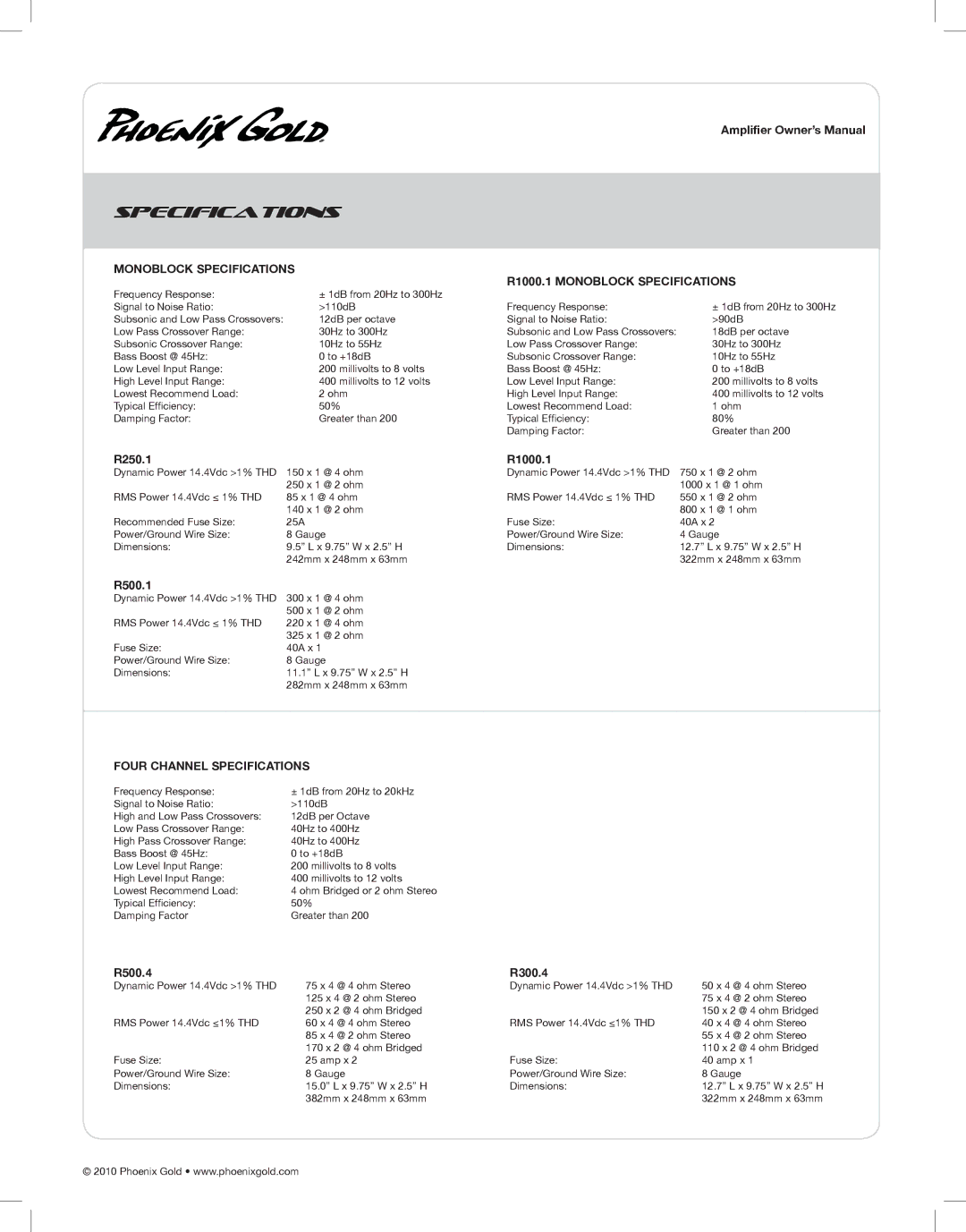 Phoenix Gold R500.1, R500.4, R300.4, R250.1 manual R1000.1 Monoblock Specifications, Four Channel Specifications 