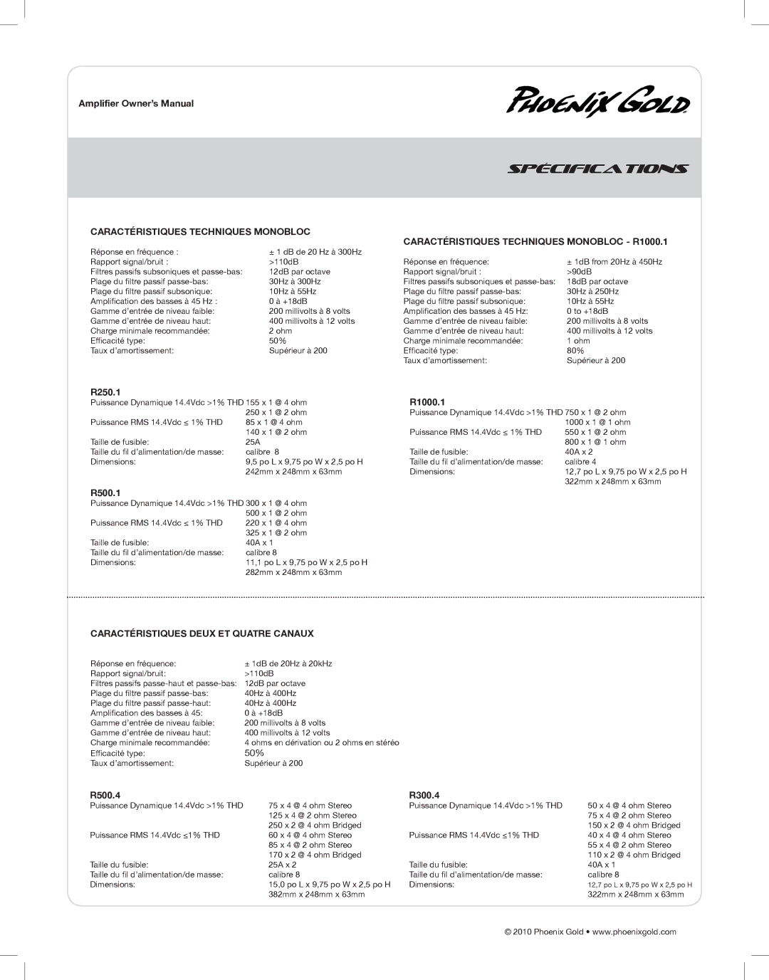Phoenix Gold R1000.1, R500.1, R500.4, R300.4, R250.1 manual Spécifications, Caractéristiques Deux ET Quatre Canaux 