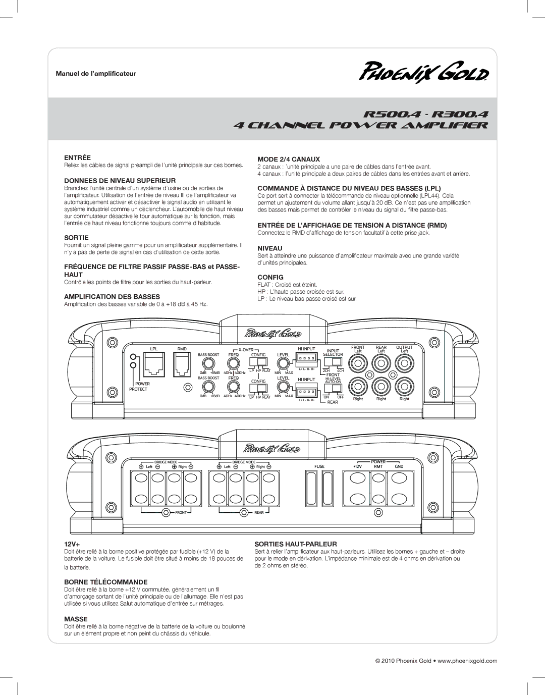 Phoenix Gold R250.1, R500.1, R500.4, R1000.1 Entrée, Haut, Mode 2/4 Canaux, Commande À Distance DU Niveau DES Basses LPL 