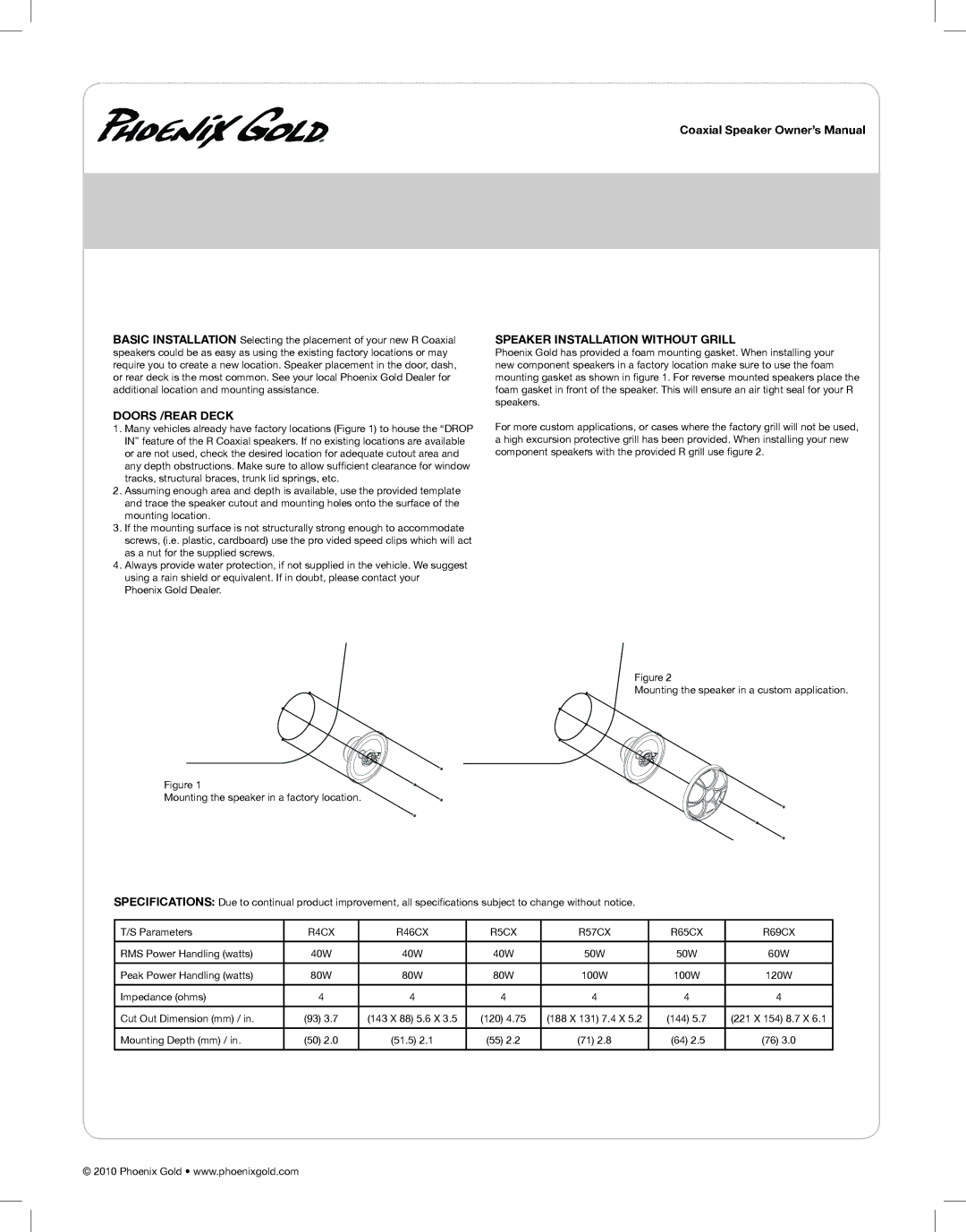 Phoenix Gold manual Speaker Installation Without Grill, Doors /REAR Deck, R4CX R46CX R5CX R57CX R65CX R69CX 