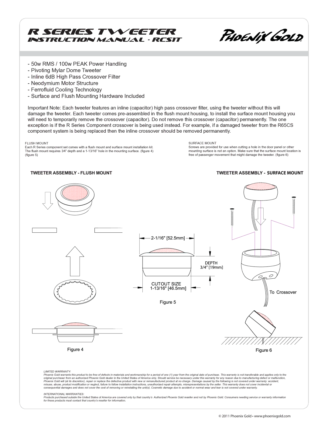 Phoenix Gold RCS1T instruction manual Series Tweeter, Flush Mount, Surface Mount, Limited Warranty 