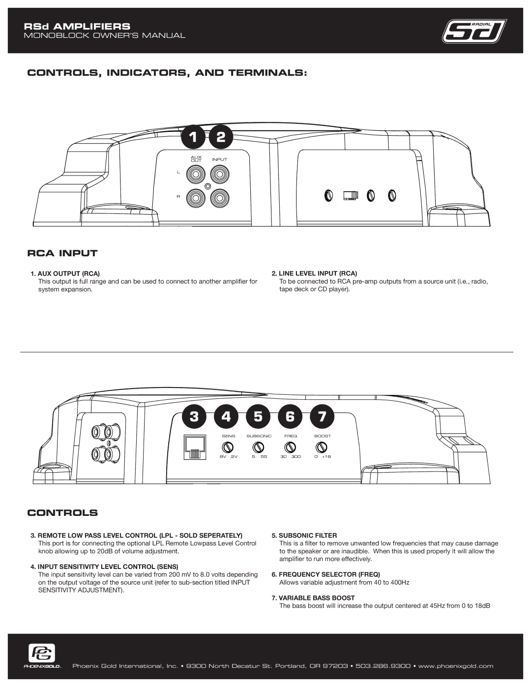 Phoenix Gold RSD300.1 owner manual CONTROLS, INDICATORS, and Terminals RCA Input, Controls 