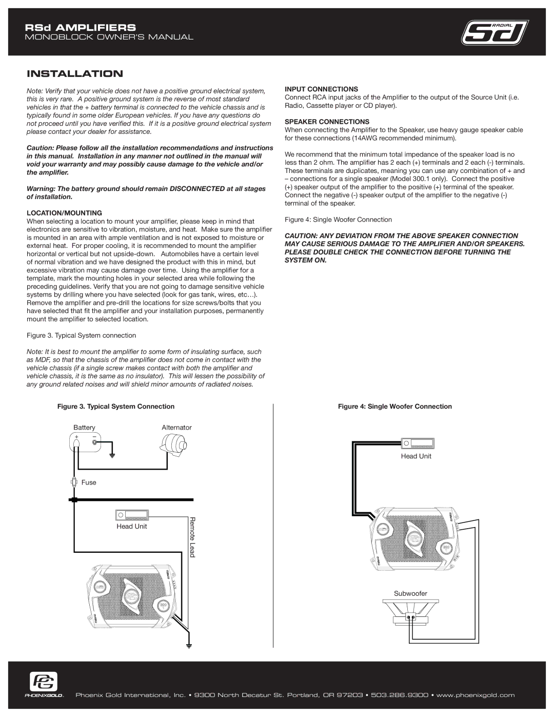 Phoenix Gold RSD300.1 owner manual Installation, Location/Mounting, Input Connections, Speaker Connections 