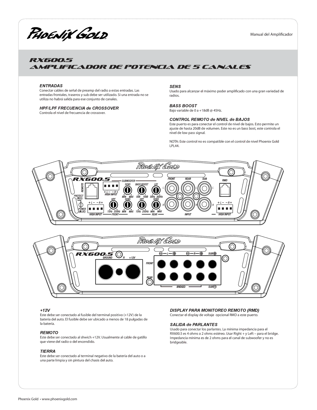 Phoenix Gold RX600.5, RX500.1, RX400.4, RX250.1, RX1100.1 manual Amplificador DE Potencia DE 5 Canales, Entradas 