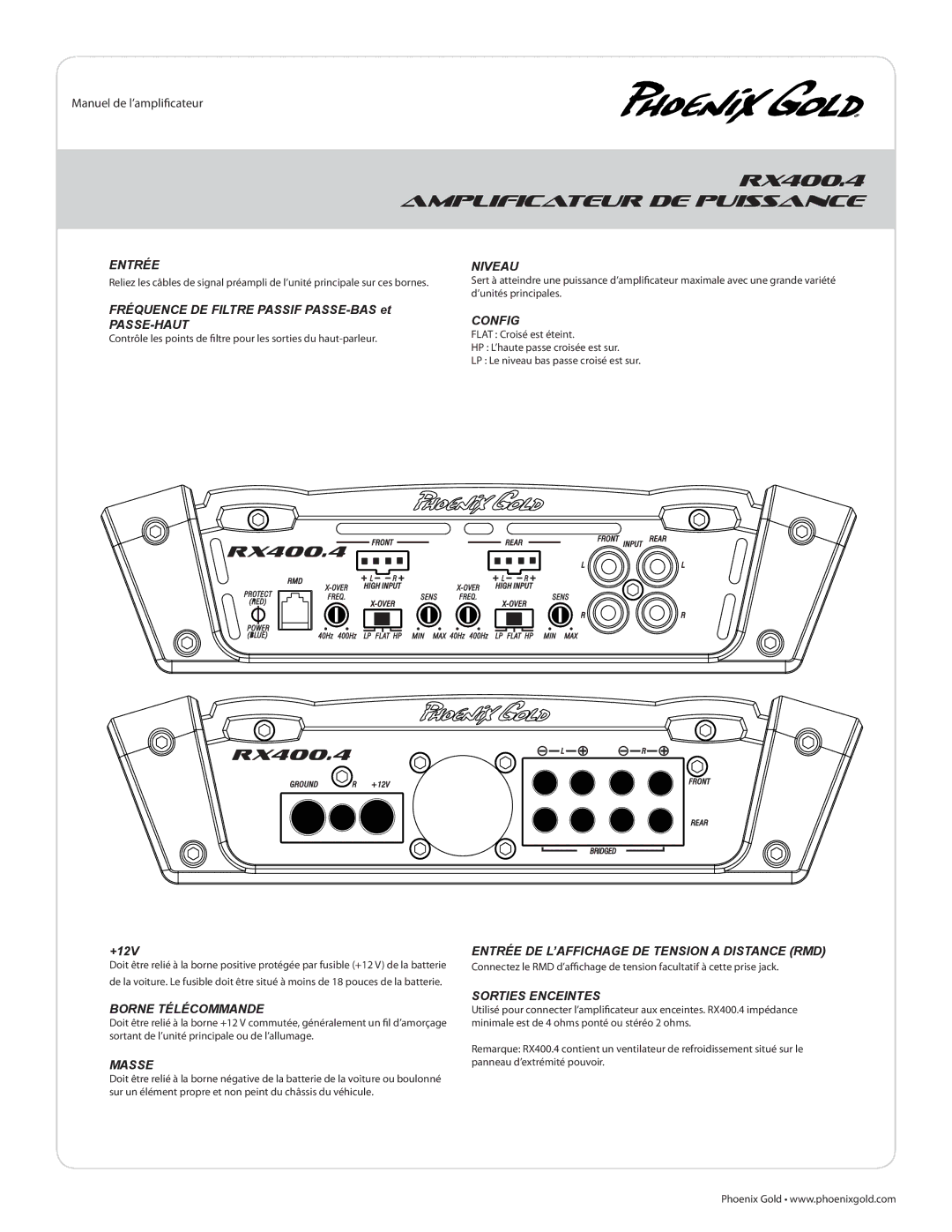 Phoenix Gold RX250.1, RX600.5 manual Amplificateur DE Puissance, Niveau, Fréquence DE Filtre Passif PASSE-BAS et, Passe-Haut 