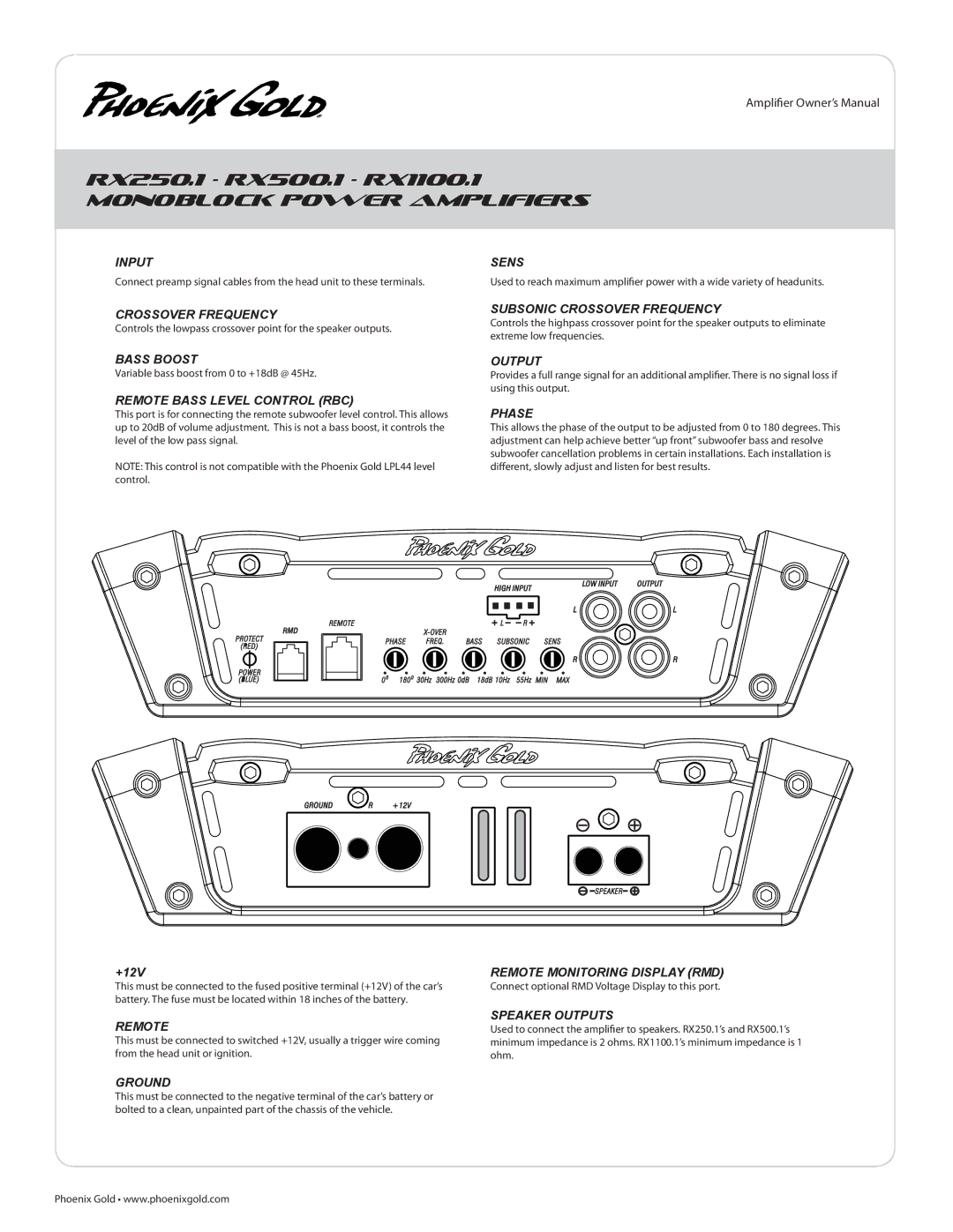 Phoenix Gold RX1100.1, RX600.5, RX500.1, RX400.4, RX250.1 manual Monoblock Power Amplifiers 