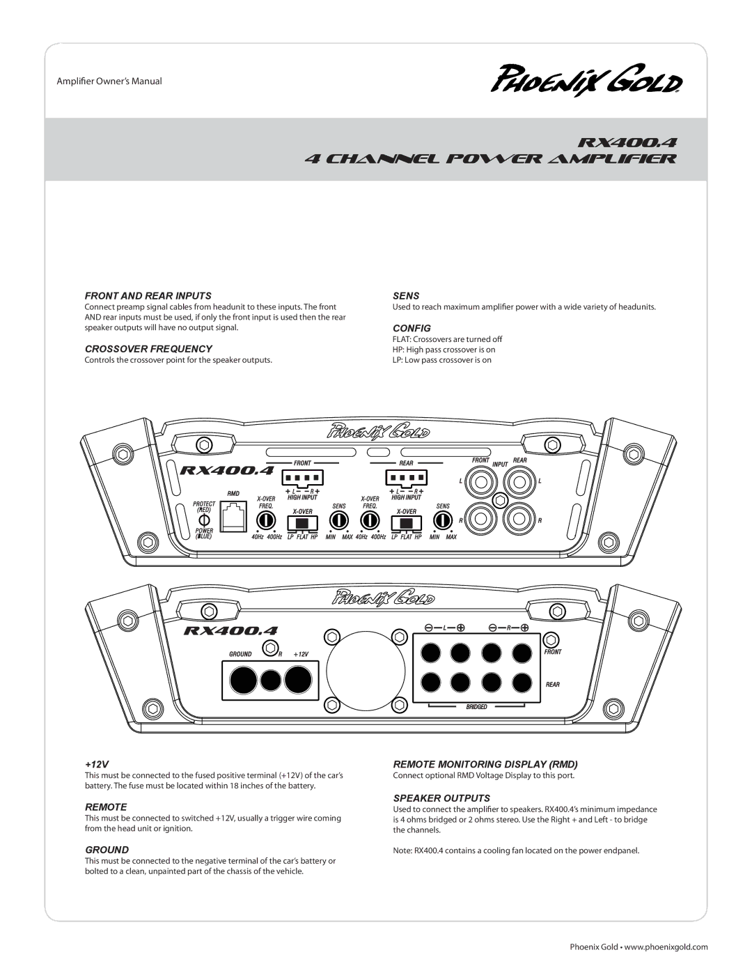 Phoenix Gold RX600.5, RX500.1, RX400.4, RX250.1, RX1100.1 manual Channel Power Amplifier, Front and Rear Inputs, Config 