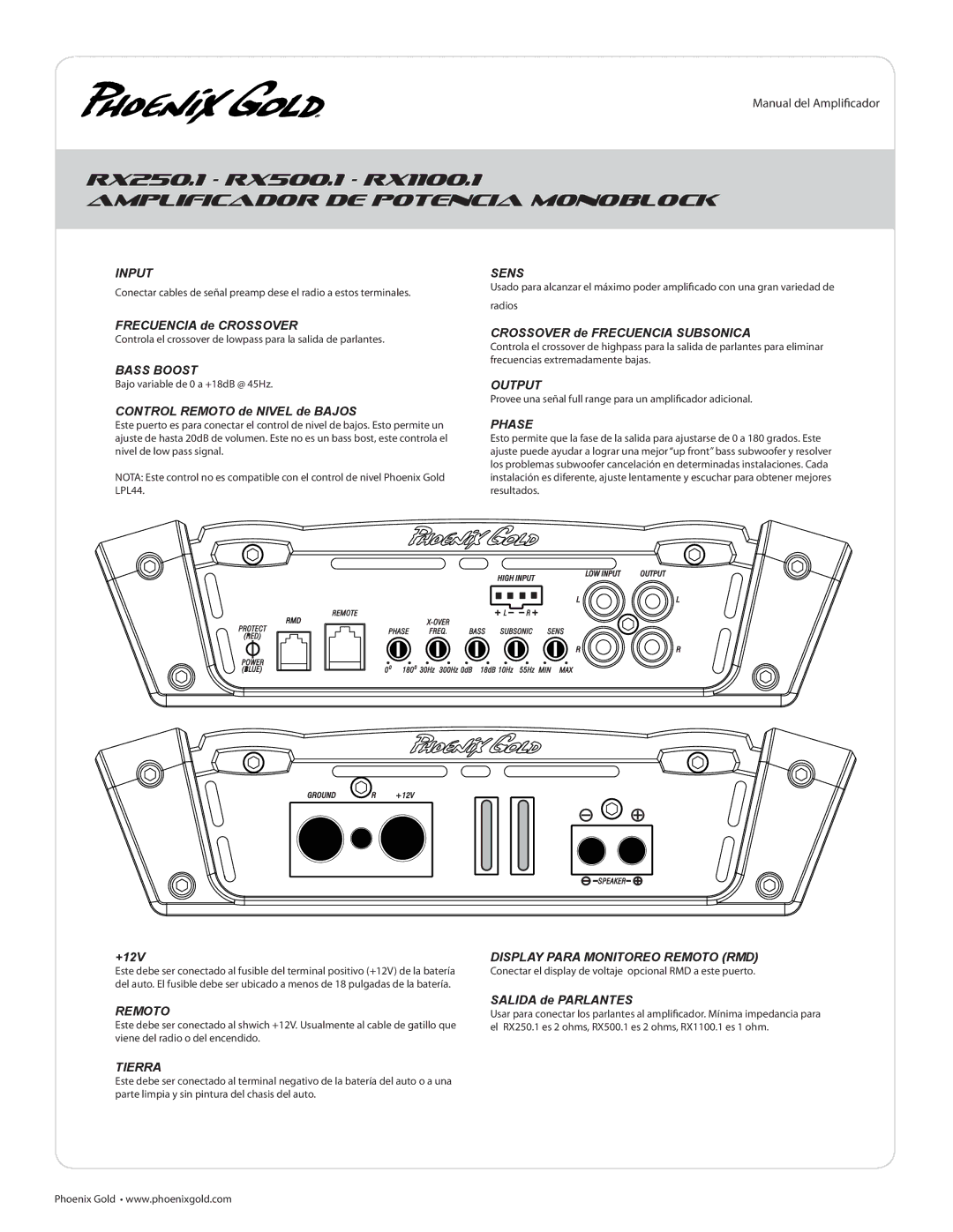 Phoenix Gold RX250.1 manual Amplificador DE Potencia Monoblock, Input Sens, Tierra, Display Para Monitoreo Remoto RMD 