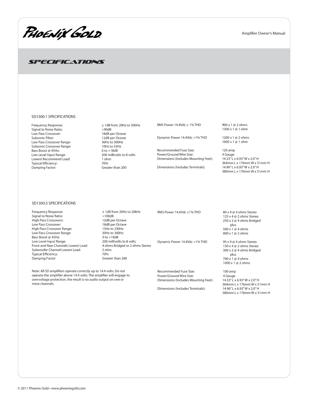 Phoenix Gold manual SD1300.1 Specifications, SD1300.5 Specifications 