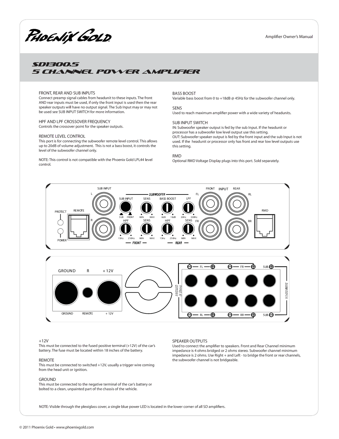 Phoenix Gold SD1300.5 Channel Power Amplifier, FRONT, Rear and SUB Inputs, HPF and LPF Crossover Frequency, Bass Boost 