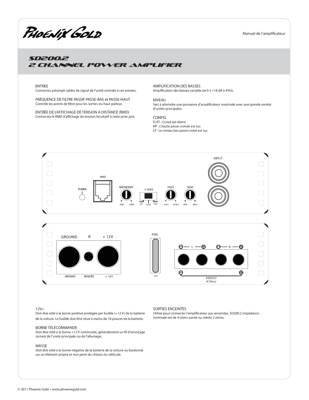 Phoenix Gold SD200.2 Entree, Entrée DE L’AFFICHAGE DE Tension a Distance RMD, Amplification DES Basses, Niveau, Config 