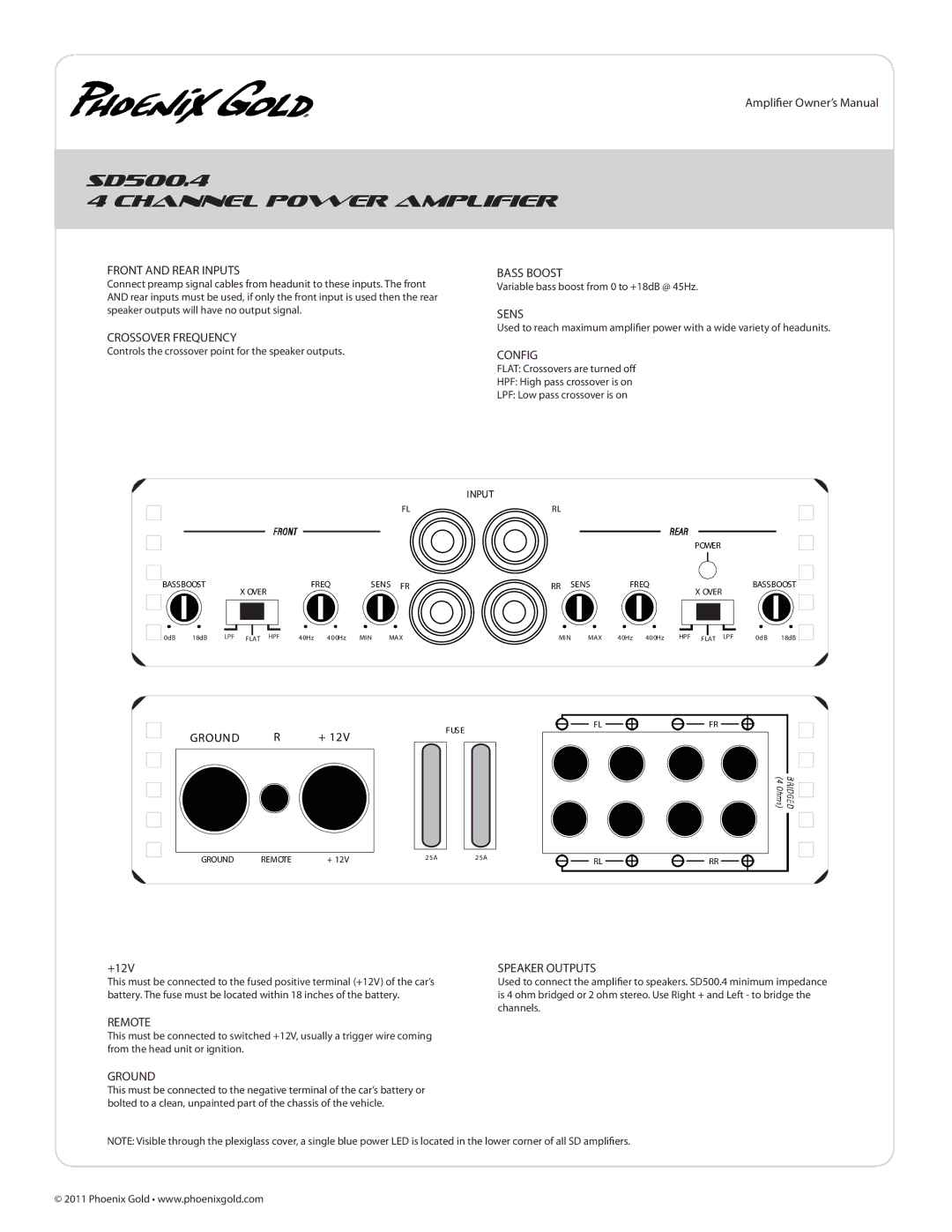 Phoenix Gold SD500.4, SD600.1, SD800.5, SD300.1 Channel Power Amplifier, Front and Rear Inputs, Crossover Frequency, Config 