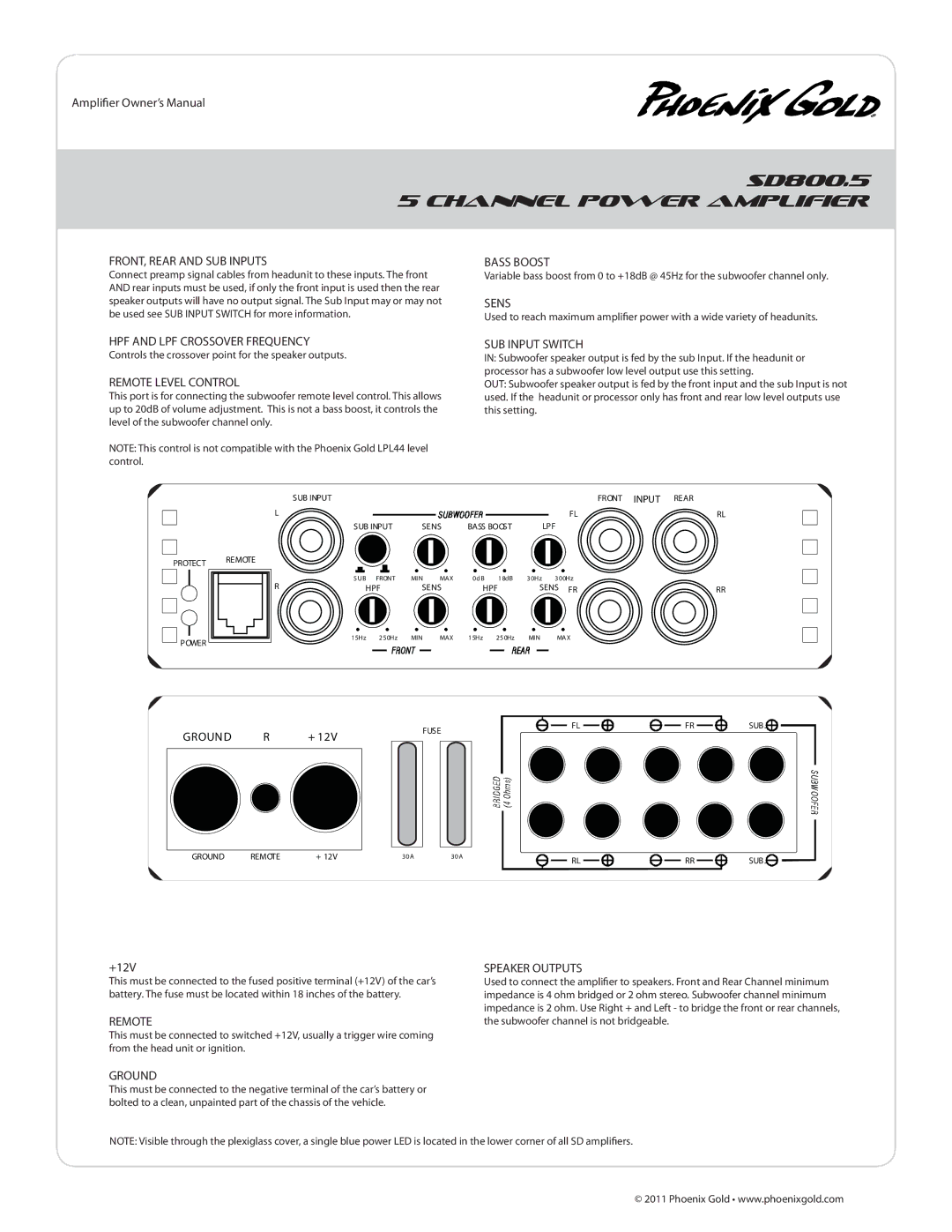 Phoenix Gold SD600.1, SD500.4, SD800.5 manual FRONT, Rear and SUB Inputs, HPF and LPF Crossover Frequency, SUB Input Switch 