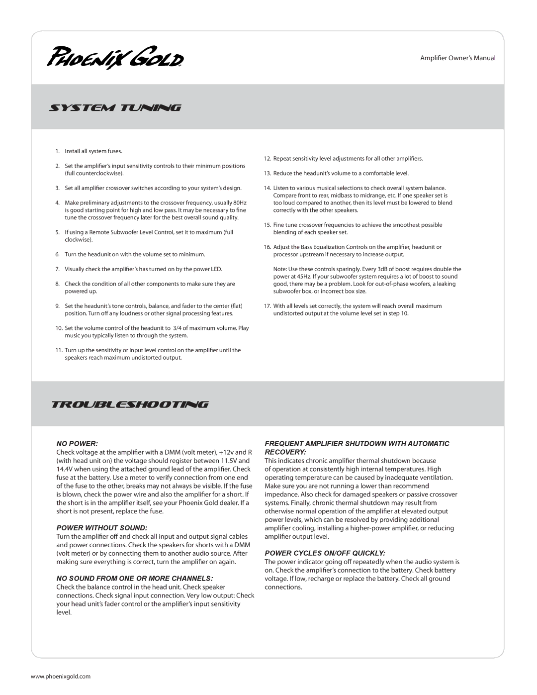 Phoenix Gold SD800.4, SD1100.5 manual System Tuning, Troubleshooting, Frequent Amplifier Shutdown with Automatic Recovery 