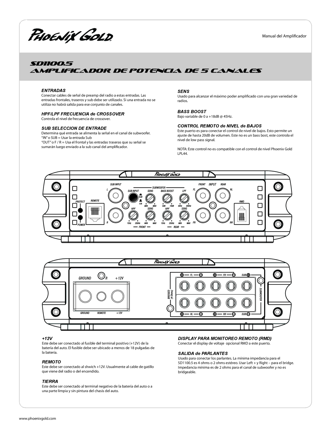 Phoenix Gold SD800.4, SD1100.5 manual Amplificador DE Potencia DE 5 Canales, Entradas, HPF/LPF Frecuencia de Crossover 