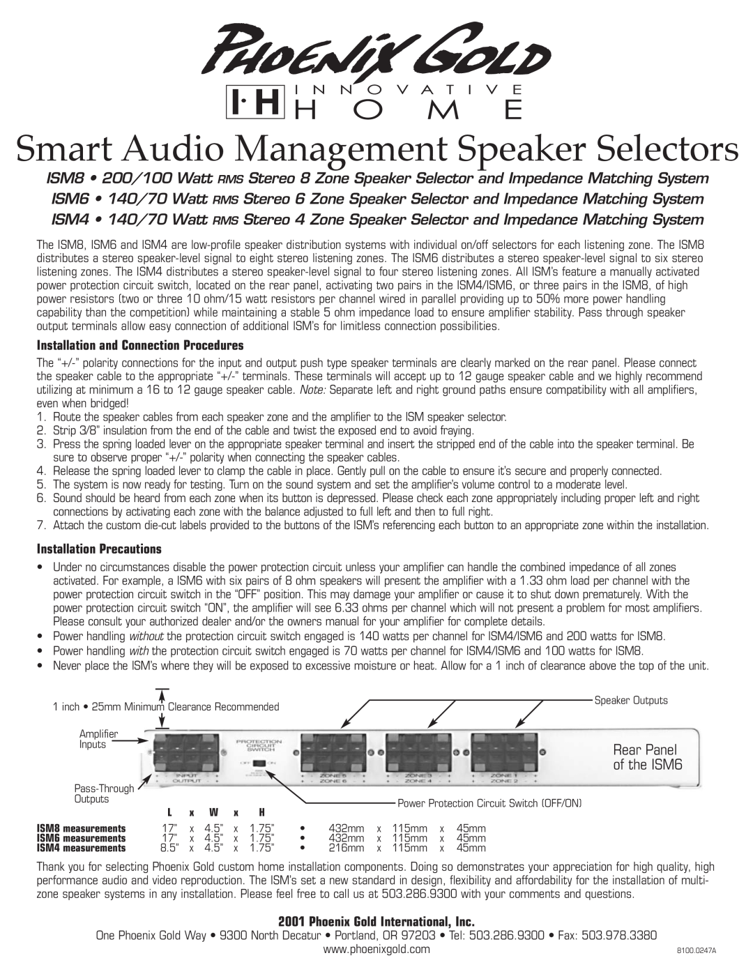 Phoenix Gold owner manual Smart Audio Management Speaker Selectors, Rear Panel of the ISM6, Installation Precautions 