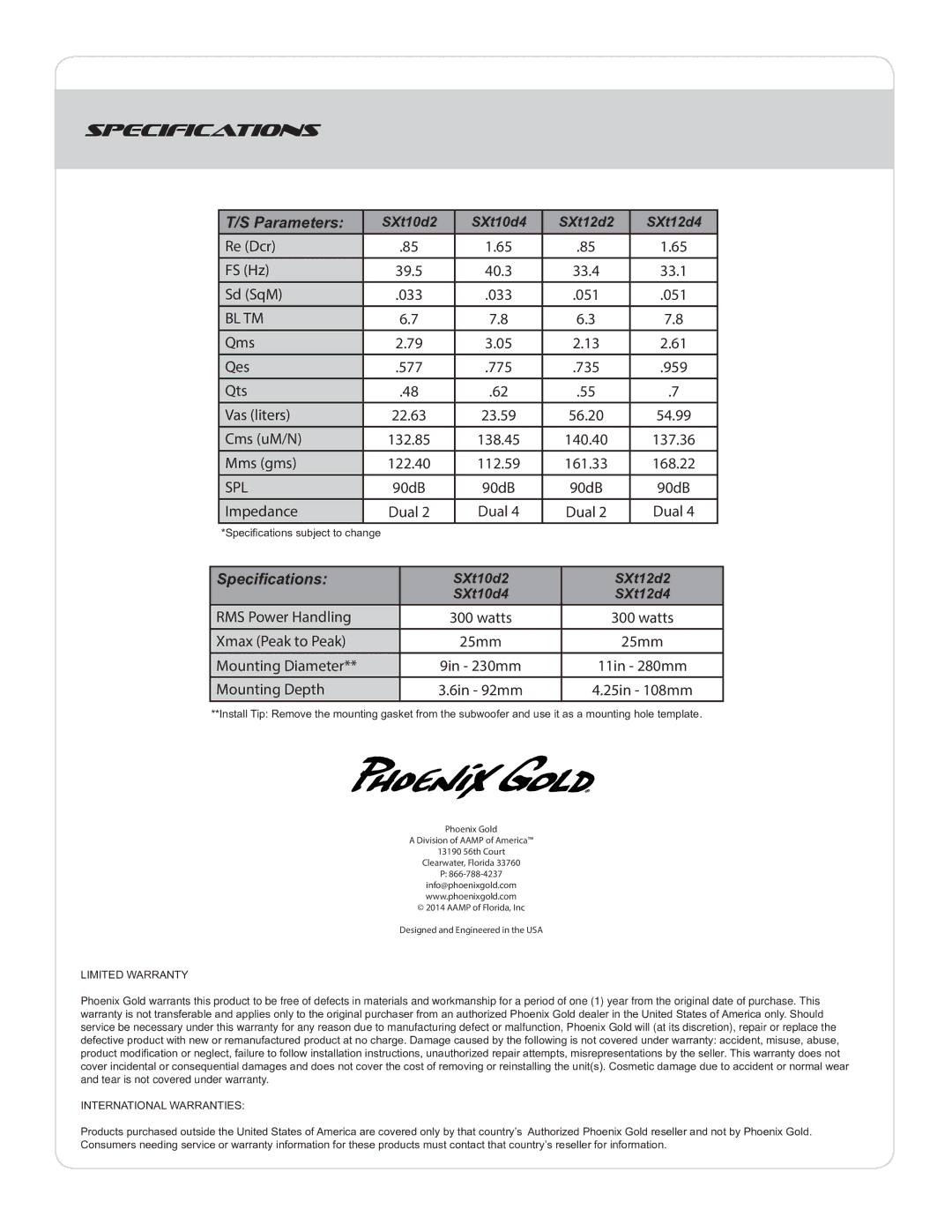 Phoenix Gold SXT12D4, SXT10D4, SXT12D2, SXT10D2 manual Specifications, Parameters 