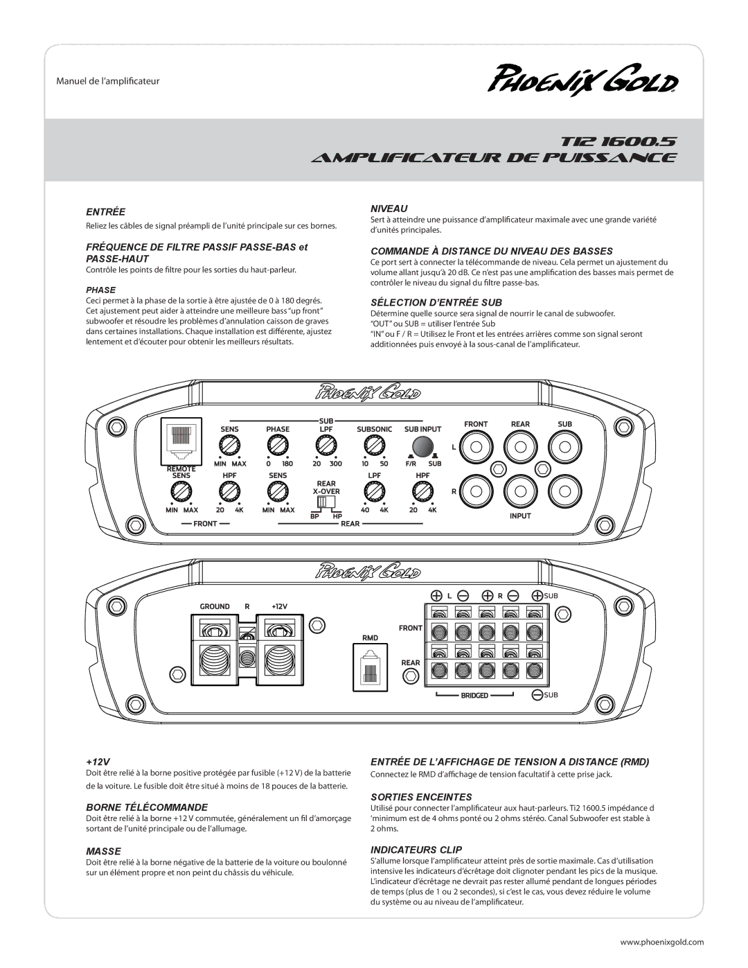 Phoenix Gold TI2 1000.4, TI2 1600.5 manual Commande À Distance DU Niveau DES Basses, Sélection D’ENTRÉE SUB 