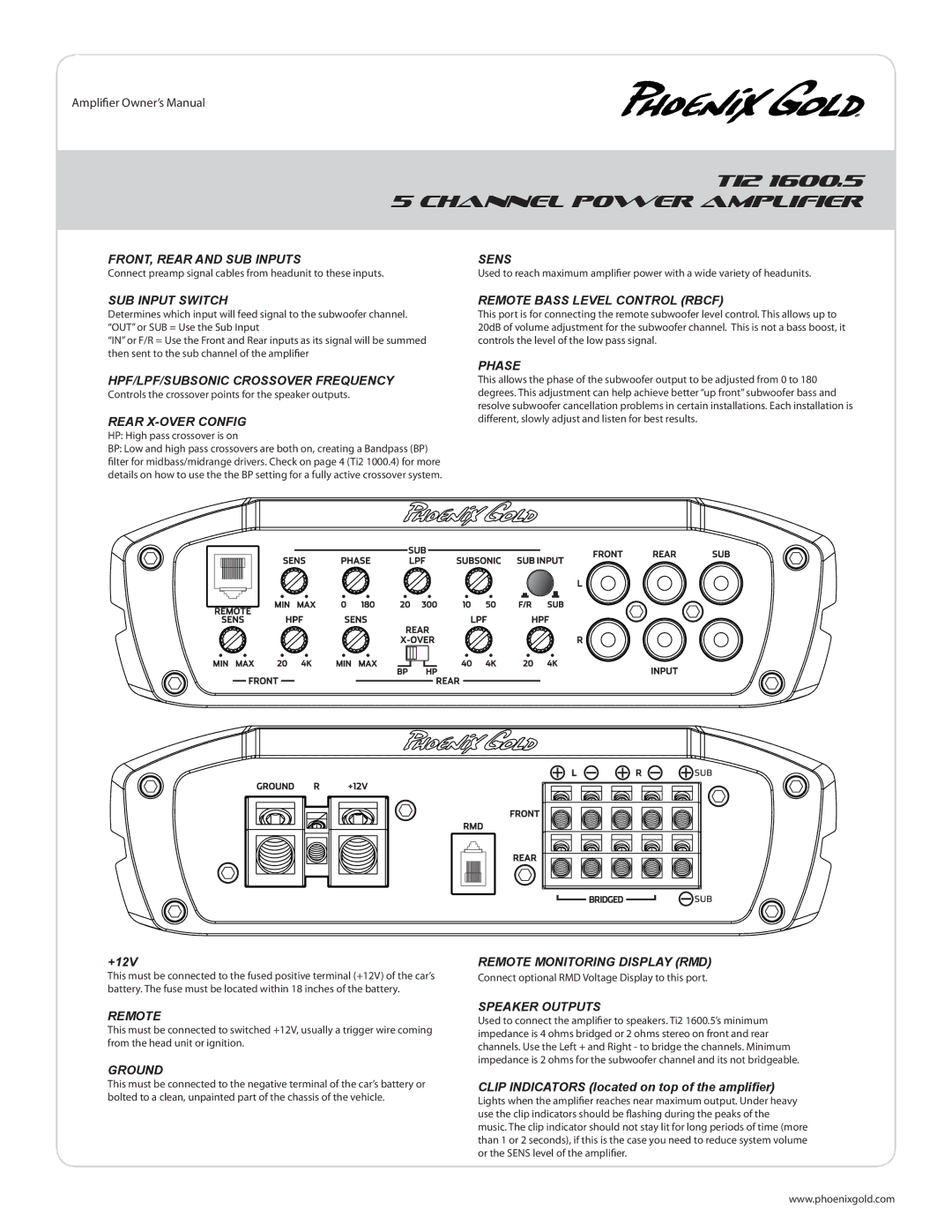 Phoenix Gold TI2 1000.4 manual FRONT, Rear and SUB Inputs, SUB Input Switch, HPF/LPF/SUBSONIC Crossover Frequency, Phase 