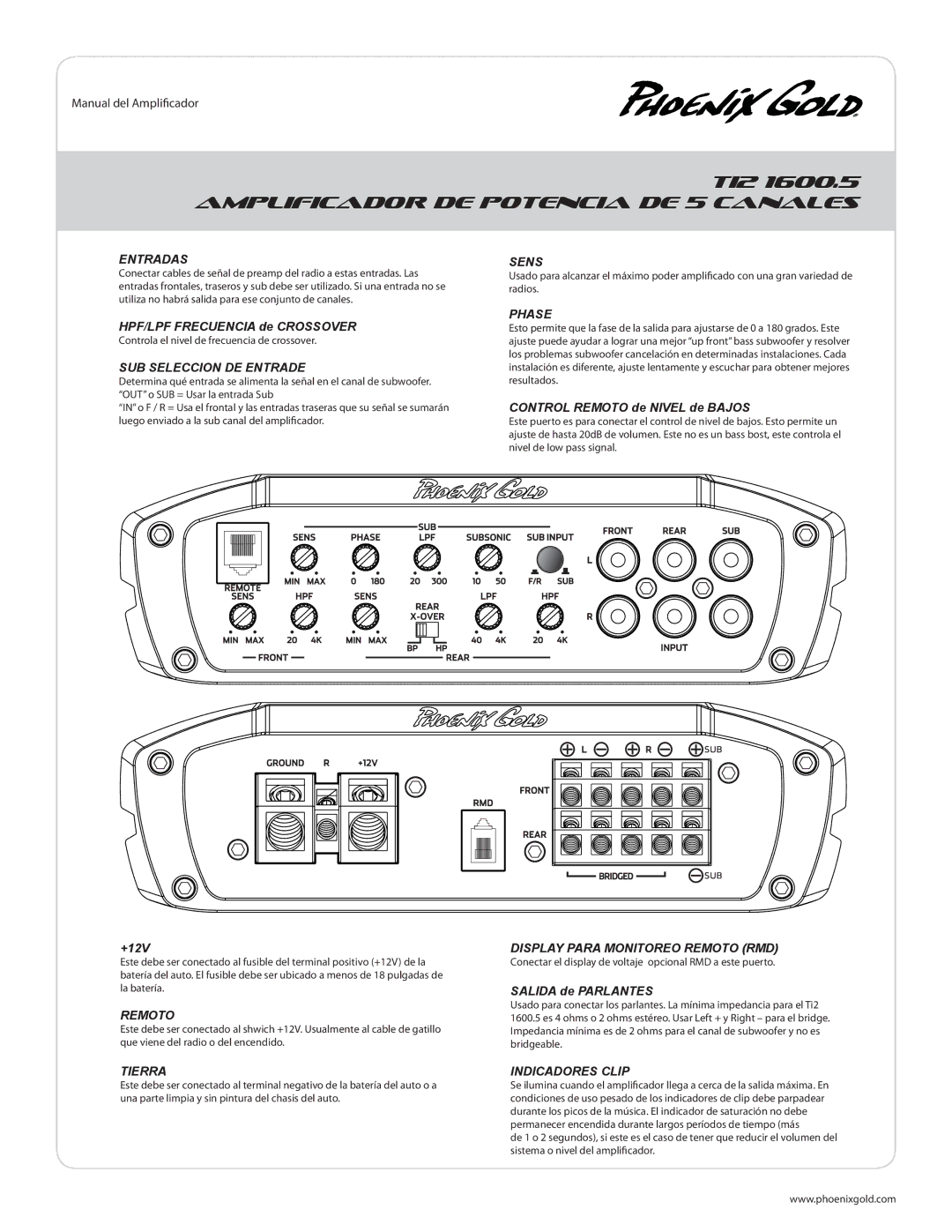 Phoenix Gold TI2 1000.4, TI2 1600.5 manual Amplificador DE Potencia DE 5 Canales, Entradas, HPF/LPF Frecuencia de Crossover 