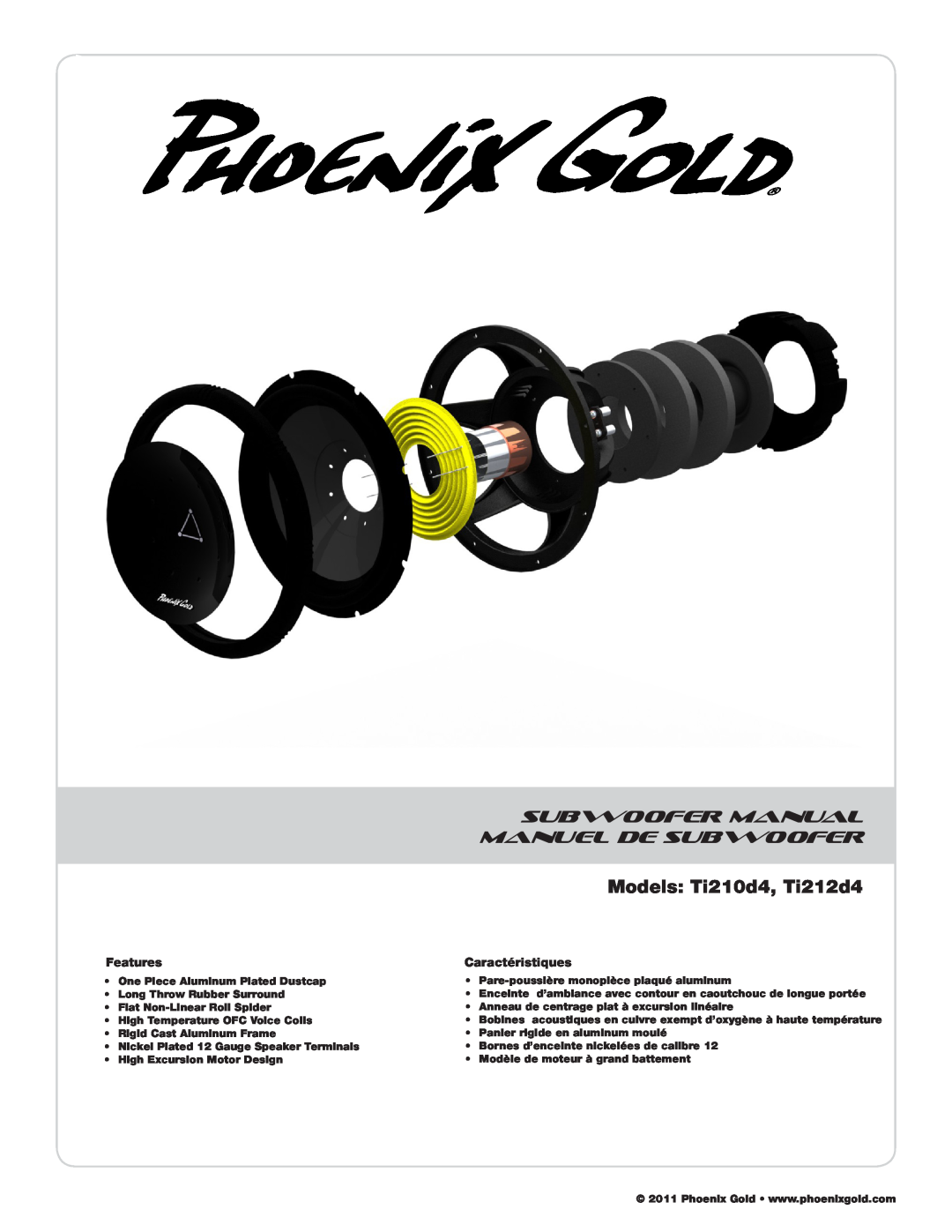 Phoenix Gold TI212D4 manual Subwoofer Manual, Models Ti210d4, Ti212d4, Manuel De Subwoofer, Features, Caractéristiques 
