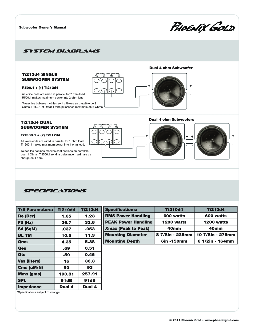 Phoenix Gold TI212D4, TI210D4 manual Specifications 