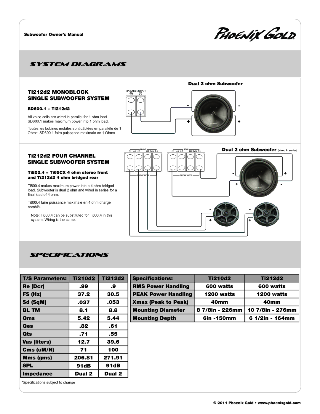 Phoenix Gold TI210D2 Specifications, Ti212d2 Monoblock Single Subwoofer System, 91dB Impedance Dual, SD600.1 + Ti212d2 