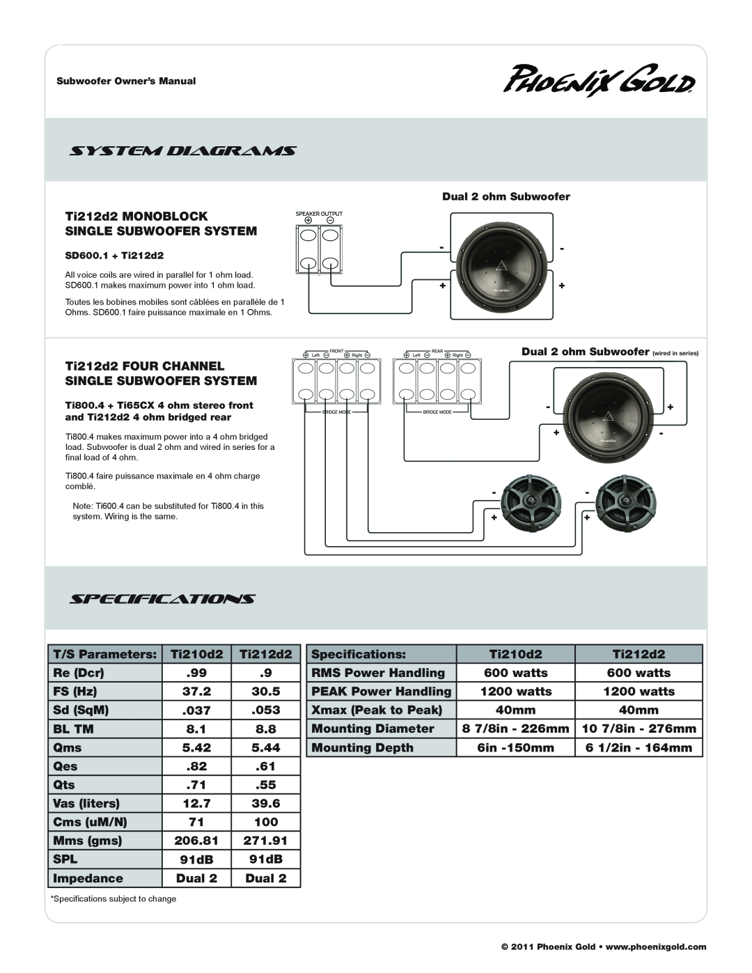 Phoenix Gold TI210D2, TI212D2 manual Specifications 