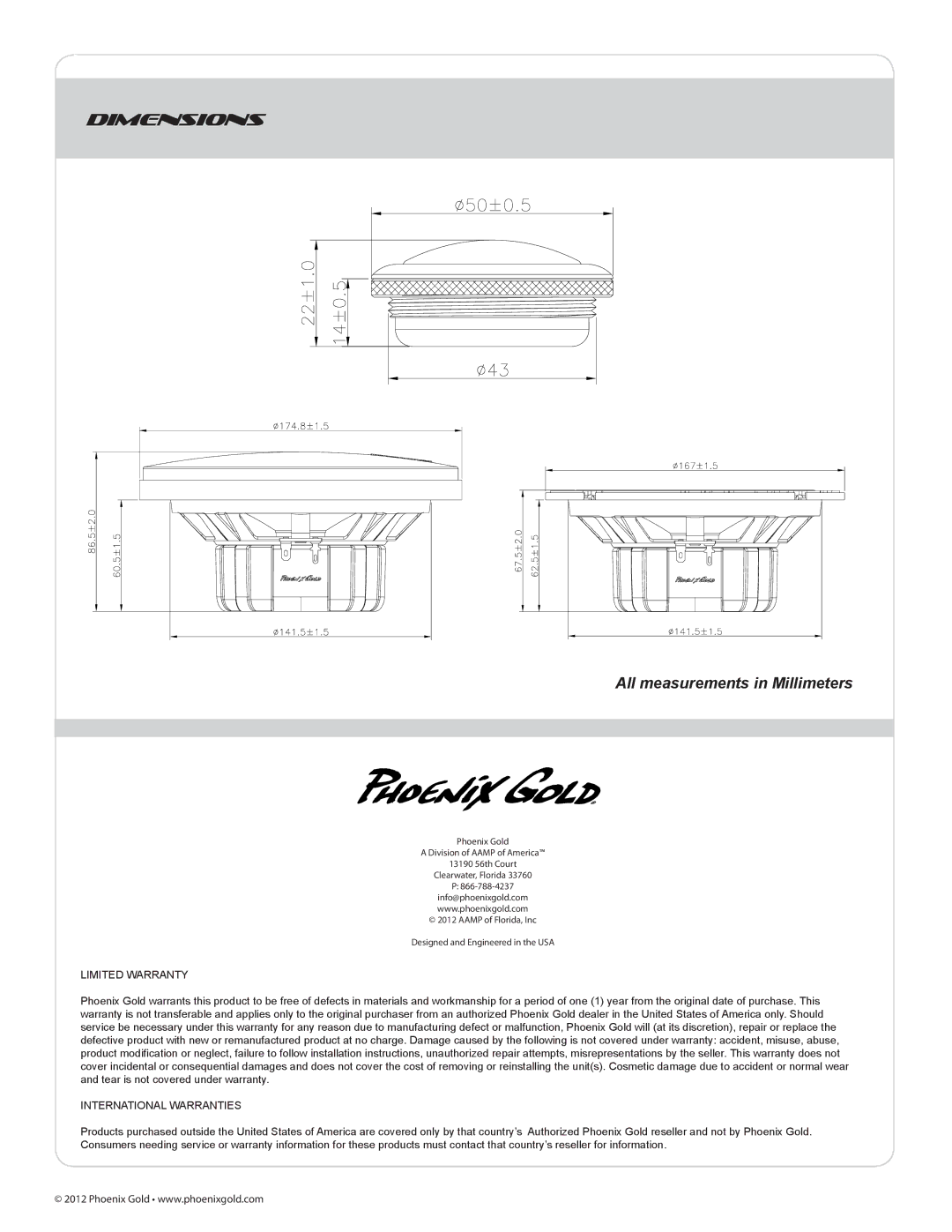 Phoenix Gold TI265CS owner manual Dimensions, All measurements in Millimeters 