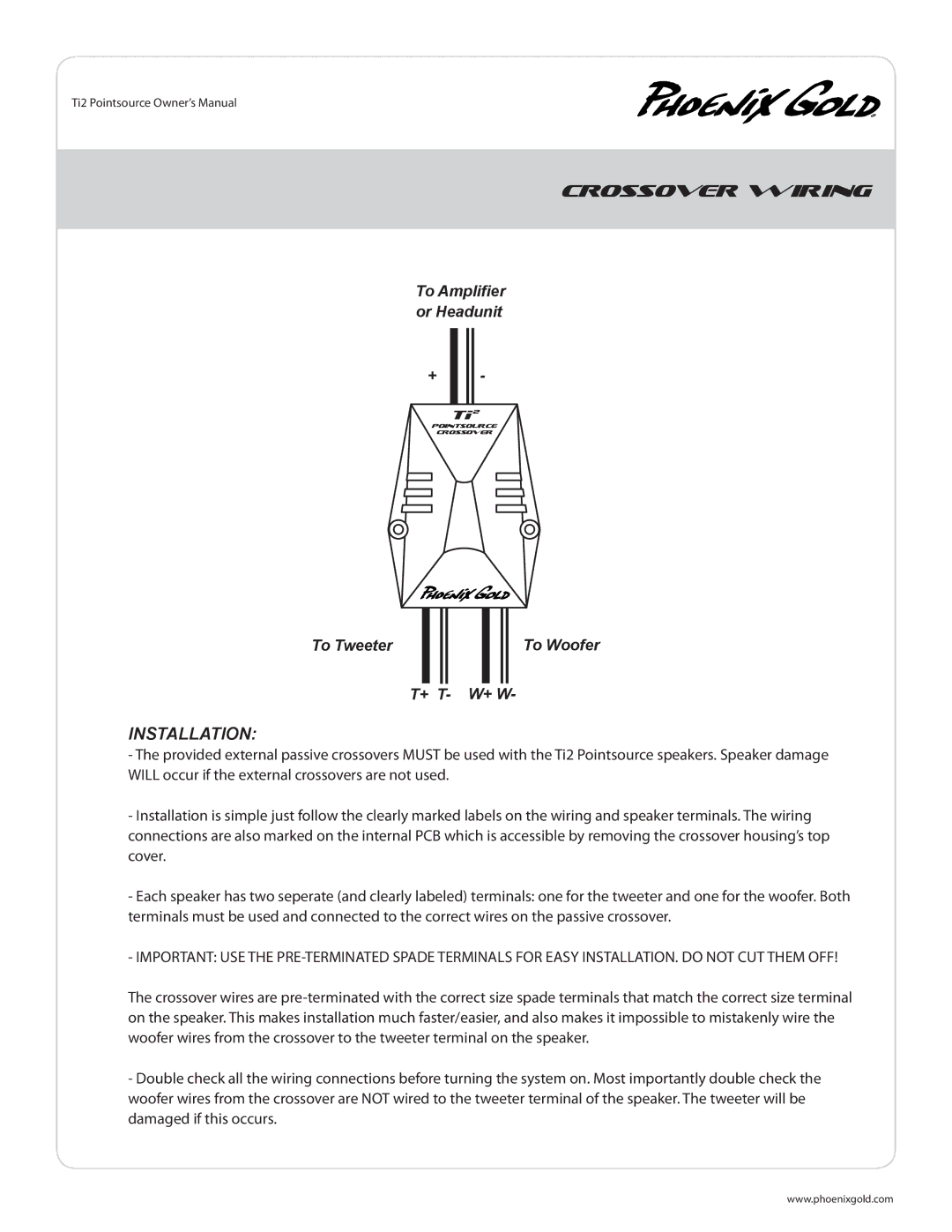 Phoenix Gold TI269PS, TI257PS, TI265PS owner manual Crossover Wiring, Installation 