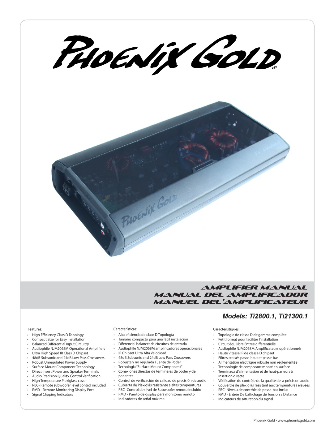 Phoenix Gold TI21300.1, TI2800.1 manual Models Ti2800.1, Ti21300.1, Amplifier Manual Manual DEL Amplificador 