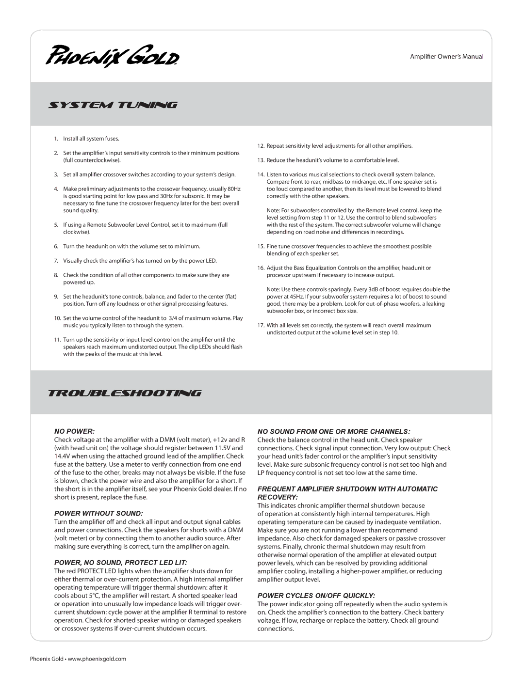 Phoenix Gold TI2800.1, TI21300.1 manual System Tuning, Troubleshooting, Frequent Amplifier Shutdown with Automatic Recovery 