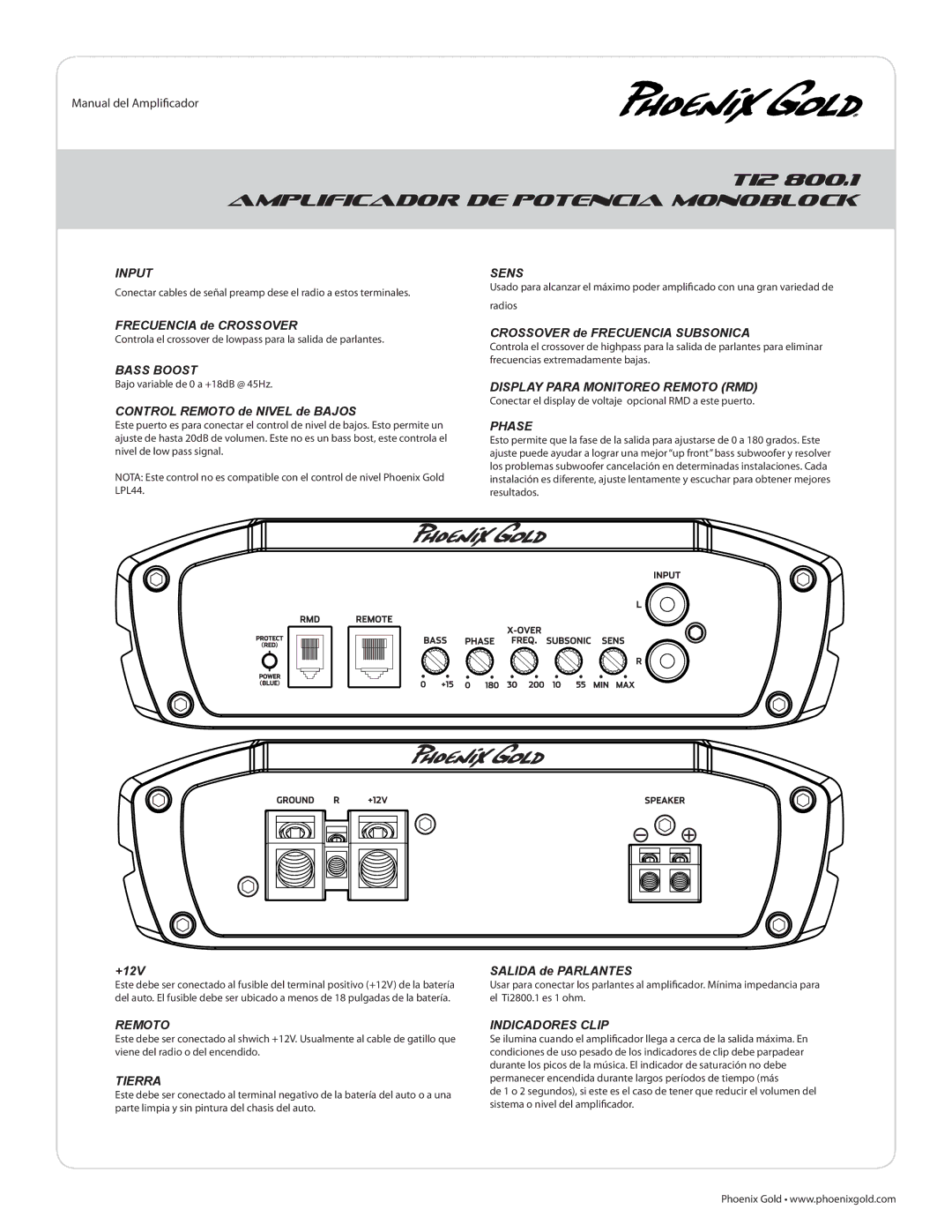 Phoenix Gold TI21300.1, TI2800.1 manual Amplificador DE Potencia Monoblock 