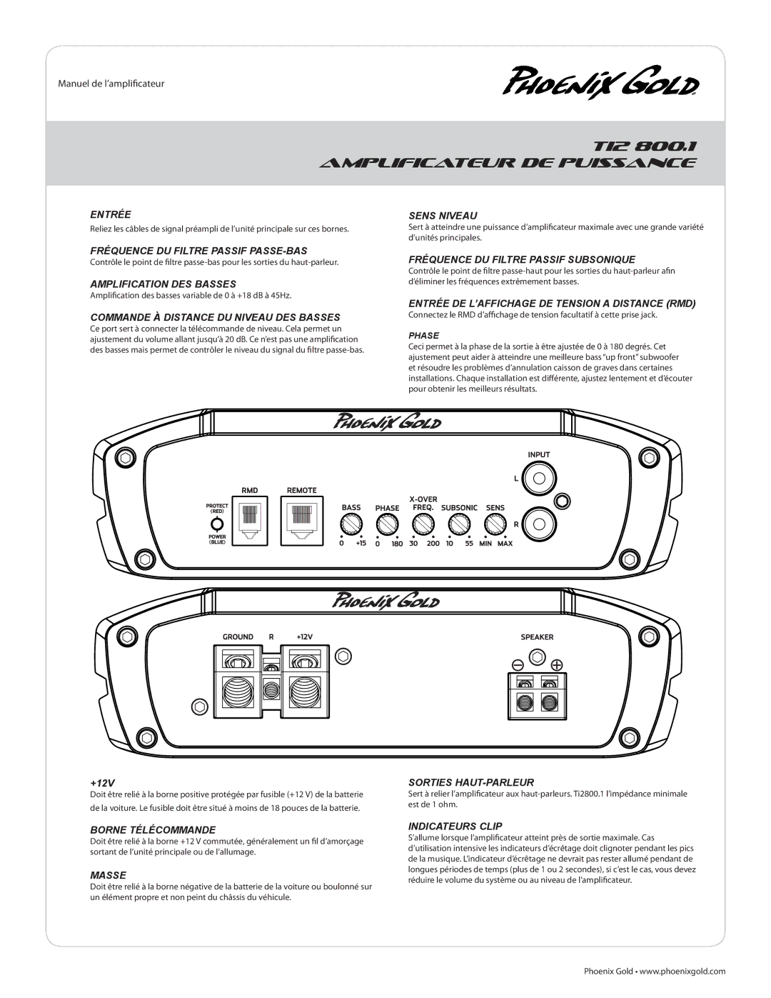 Phoenix Gold TI21300.1 manual Entrée, Sens Niveau, Fréquence DU Filtre Passif PASSE-BAS, Amplification DES Basses, Masse 