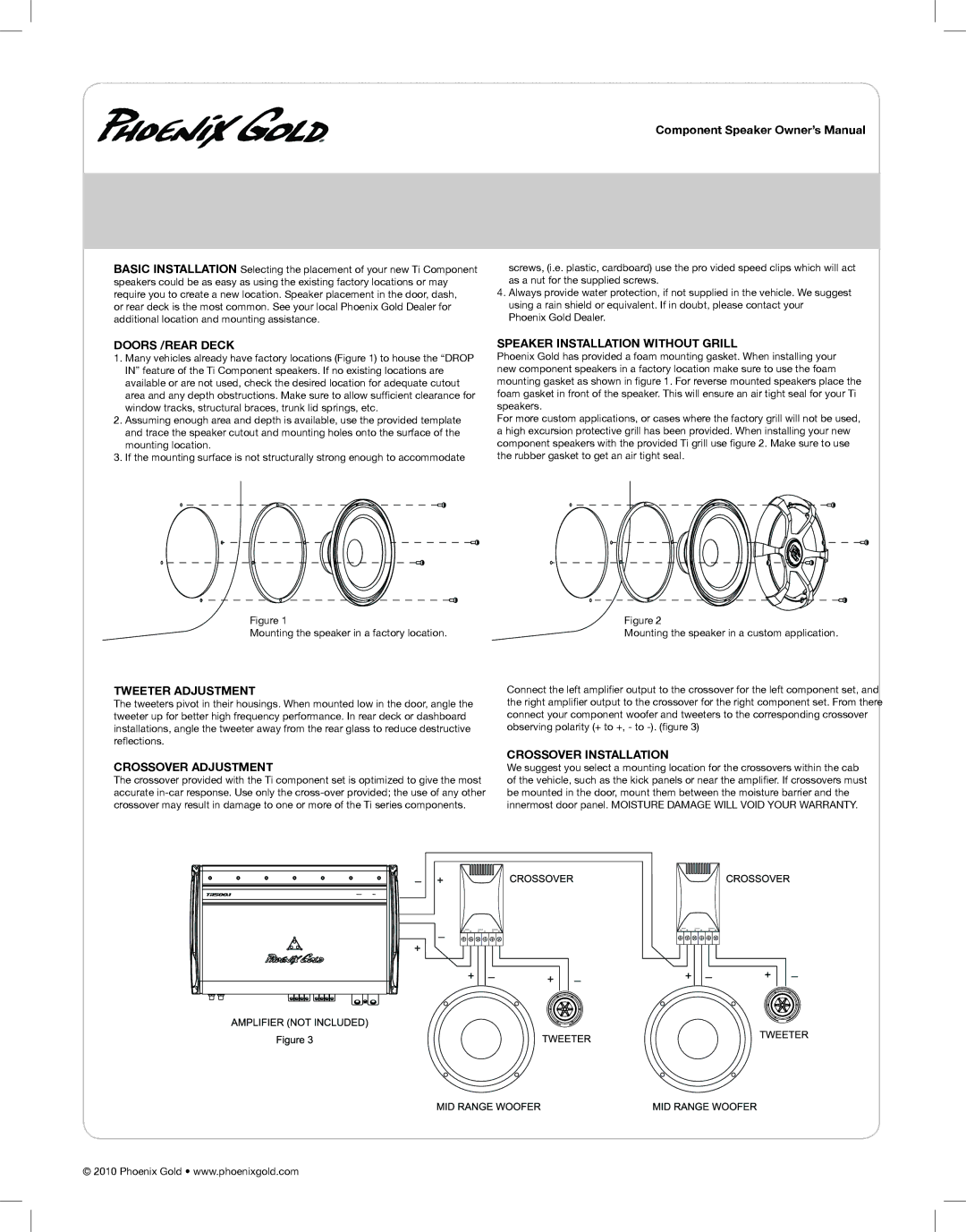 Phoenix Gold TI65CS, TI6CS Doors /REAR Deck, Tweeter Adjustment, Crossover Adjustment, Speaker Installation Without Grill 