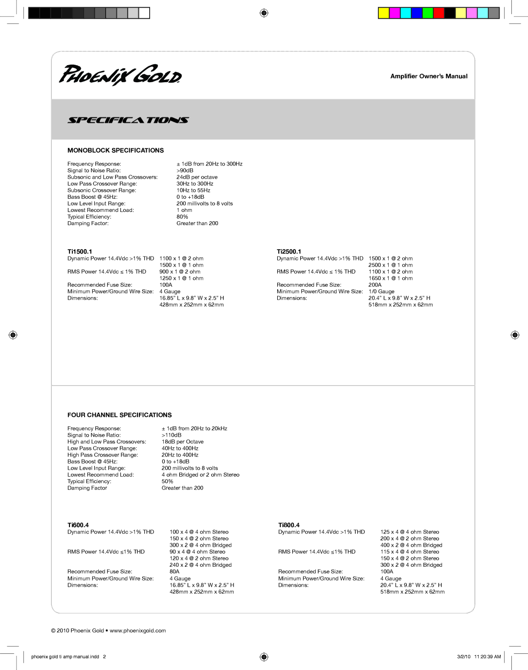 Phoenix Gold TI2500.1 manual Monoblock Specifications, Ti1500.1 Ti2500.1, Four Channel Specifications, Ti600.4 Ti800.4 