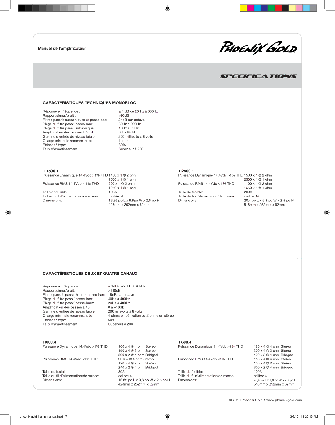 Phoenix Gold TI1500.1, TI800.4 Spécifications, Manuel de l’amplificateur, Caractéristiques Techniques Monobloc, Ti1500.1 