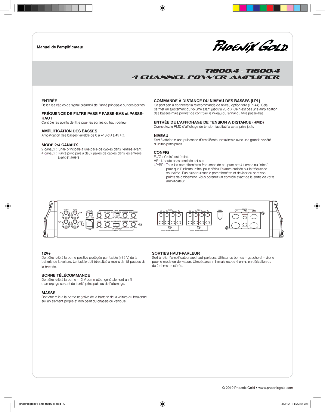 Phoenix Gold TI600.4, TI800.4, TI2500.1 manual Entrée, Haut, Commande À Distance DU Niveau DES Basses LPL, Mode 2/4 Canaux 
