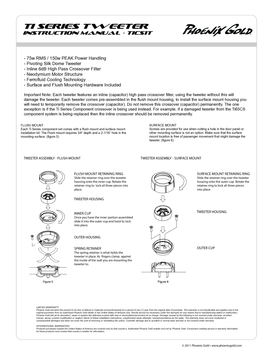 Phoenix Gold TICS1T instruction manual Tweeter Assembly Flush Mount Flush Mount Retaining Ring, Tweeter Housing Inner CUP 