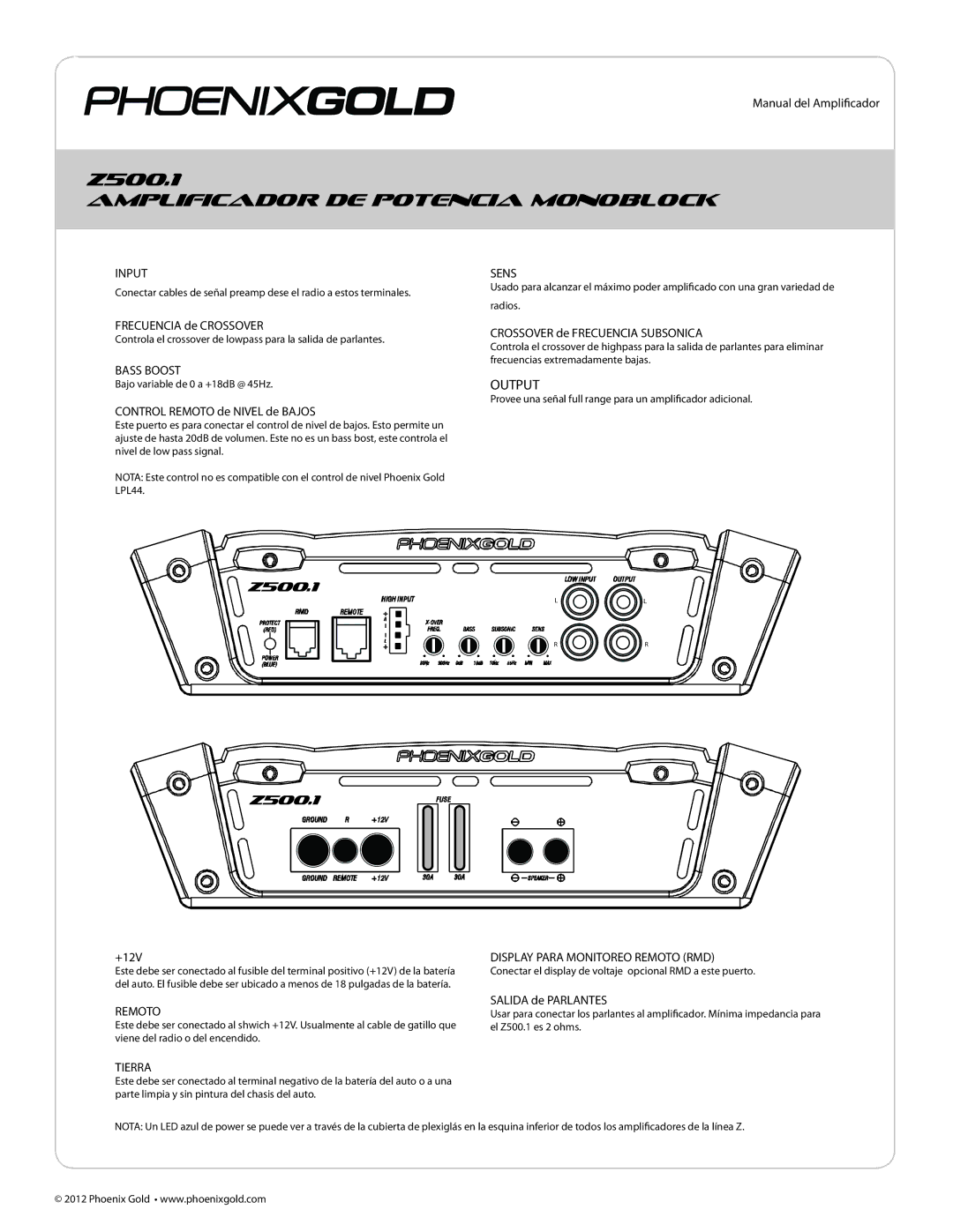 Phoenix Gold Z500.1, Z250.2 manual Amplificador DE Potencia Monoblock, Input Sens, Display Para Monitoreo Remoto RMD, Tierra 