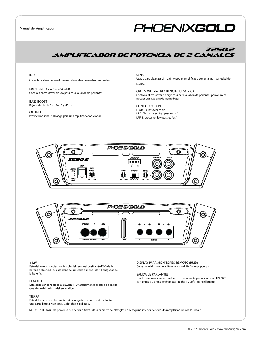 Phoenix Gold Z500.4, Z500.1 manual Z250.2 Amplificador DE Potencia DE 2 Canales, Configuracion 