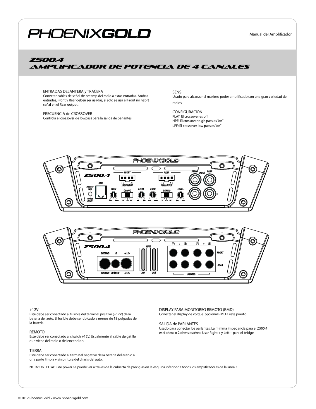 Phoenix Gold Z250.2, Z500.1, Z500.4 manual Amplificador DE Potencia DE 4 Canales, Entradas Delantera y Tracera 